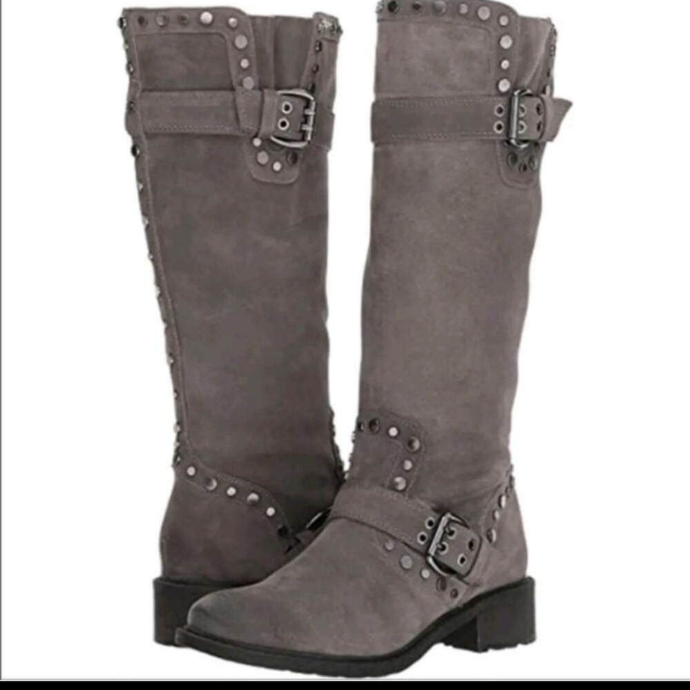 Sam Edelman Deryn Grey Suede Leather Moto Style High Belted Boots 7.5 New